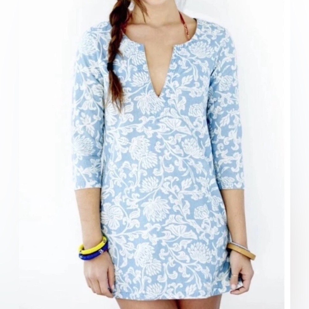 Faherty Palm Tunic Swim Cover Up Dress Size Medium Blue Cotton Chambray Beach